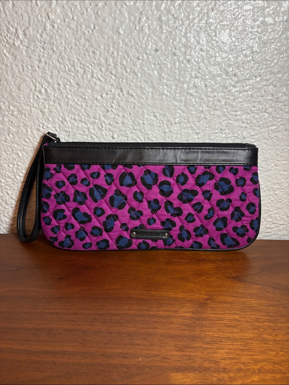 Vera Bradley Purple Leopard Print Wristlet Clutch with Black Leather Trim